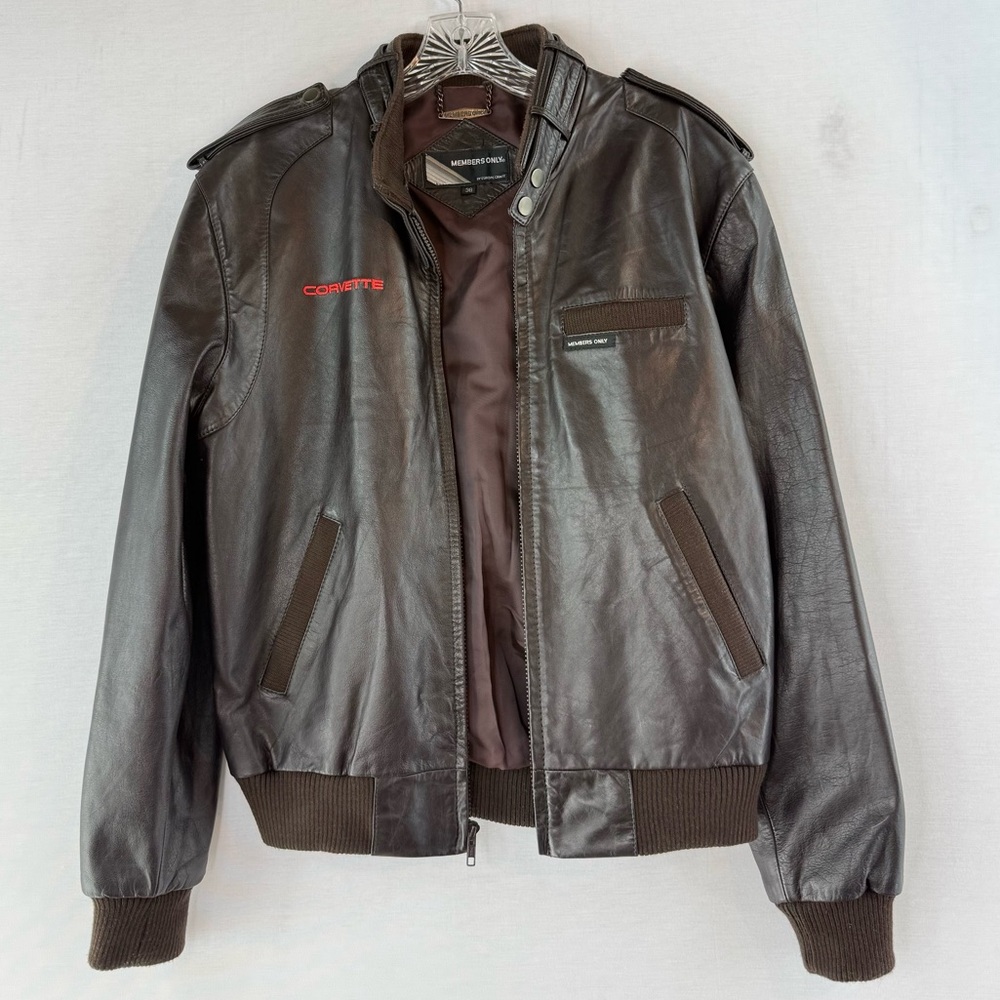 Members Only Vintage Rare Brown Leather Corvette Logo Bomber Jacket